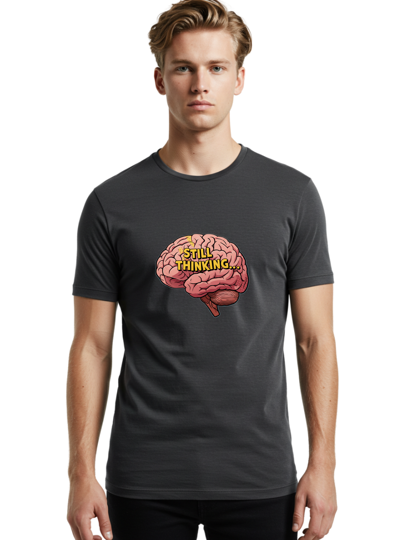Still-Thinking-1 Men'S Graphic Tee, 100% Cotton, Comfortable Casual Summer Wear, Machine Washable, Human Brain, Thinking Process, Cognitive Function, Problem Solving, Mental Activity, Still Thinking, Cartoon Brain, Neuroscience, Bab465