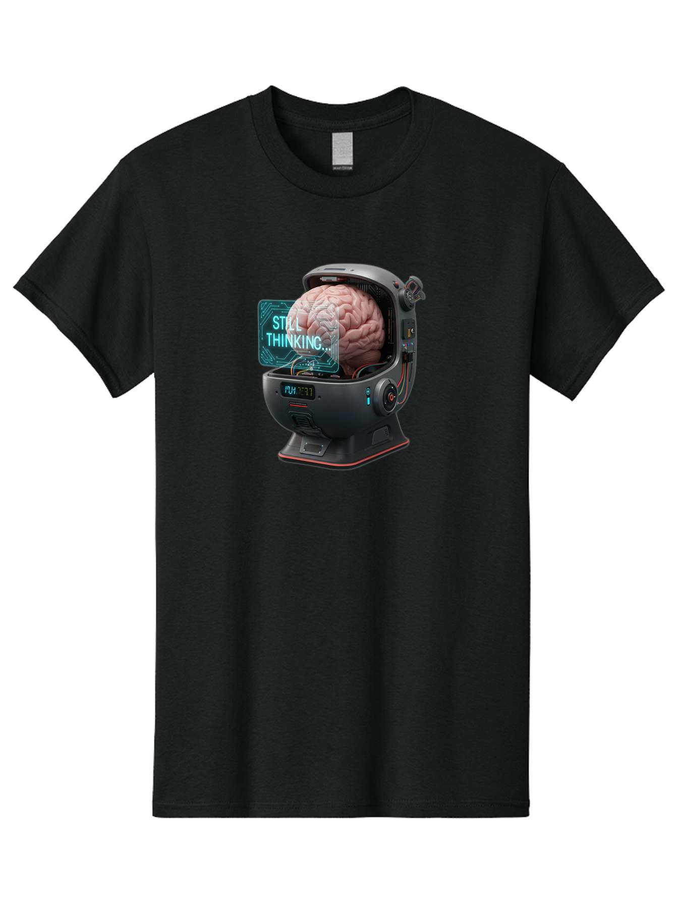 Still-Thinking-3 Men'S Graphic Tee, 100% Cotton, Comfortable Casual Summer Wear, Machine Washable, Human Brain In Sci-Fi Machine, Artificial Intelligence Concept, Futuristic Technology, Brain Activity, Still Thinking Message, Bab467