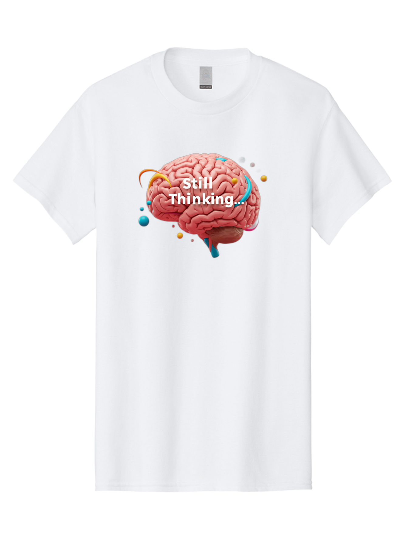 Still-Thinking-Brain-1 Men'S Graphic Tee, 100% Cotton, Comfortable Casual Summer Wear, Machine Washable, Human Brain, Creative Thinking, Abstract Shapes, Colorful Orbs, Idea Generation, Problem-Solving, Cognitive Process, Brainstorming, Bab468