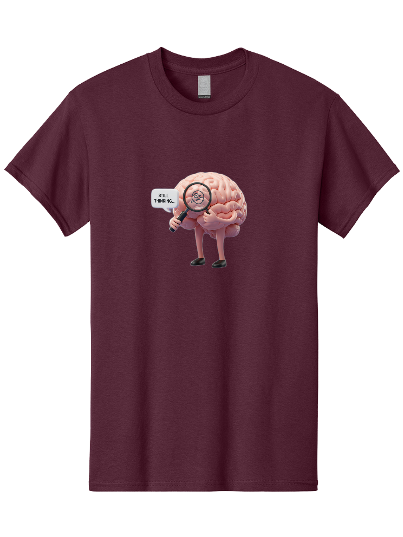 Still-Thinking-Brain-3 Men'S Graphic Tee, 100% Cotton, Comfortable Casual Summer Wear, Machine Washable, Human Brain Character, Deep Thinking, Problem Solving, Brain Analysis, Magnifying Glass, Thought Process, Cognitive Function, Bab470