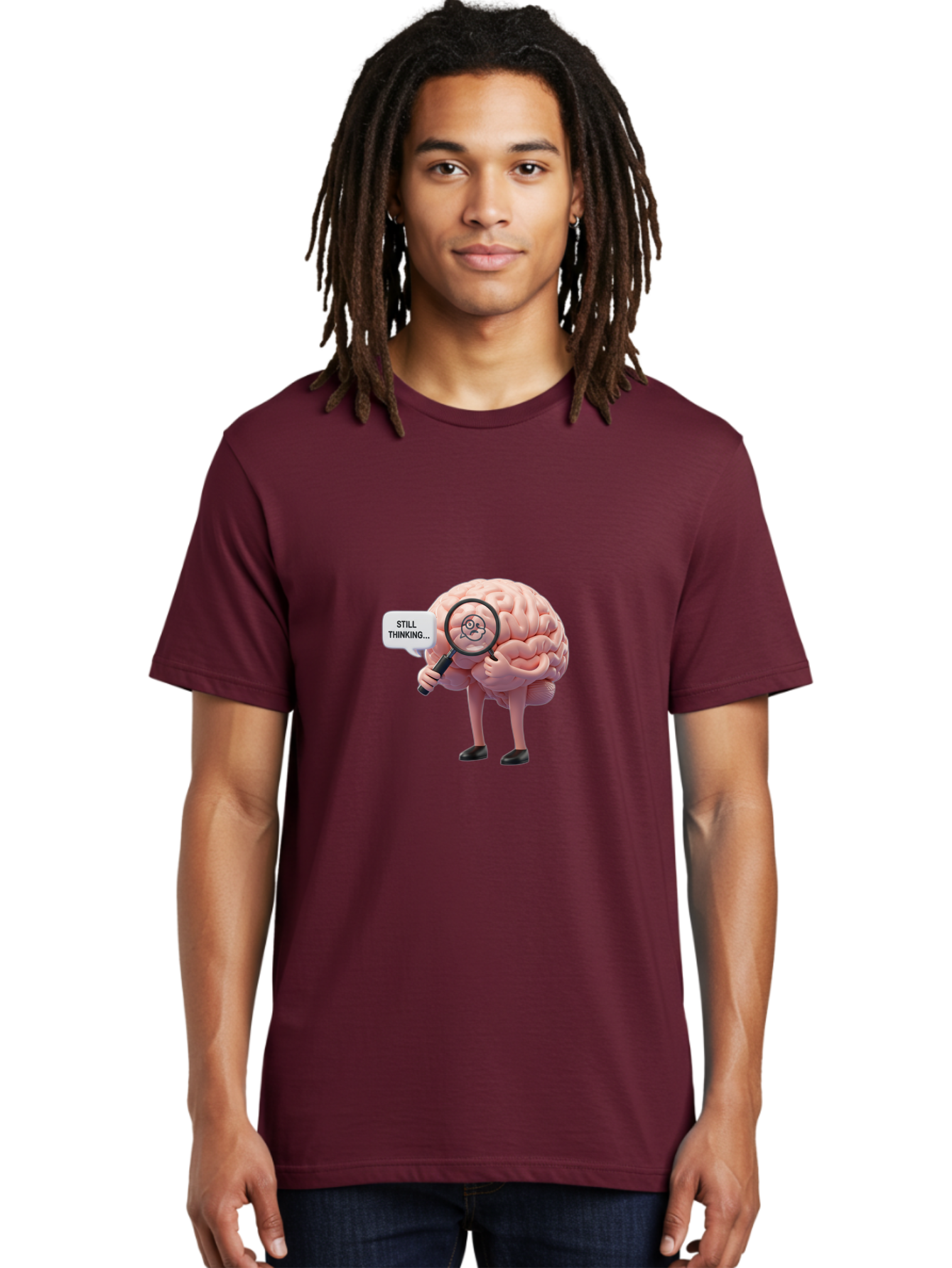 Still-Thinking-Brain-3 Men'S Graphic Tee, 100% Cotton, Comfortable Casual Summer Wear, Machine Washable, Human Brain Character, Deep Thinking, Problem Solving, Brain Analysis, Magnifying Glass, Thought Process, Cognitive Function, Bab470