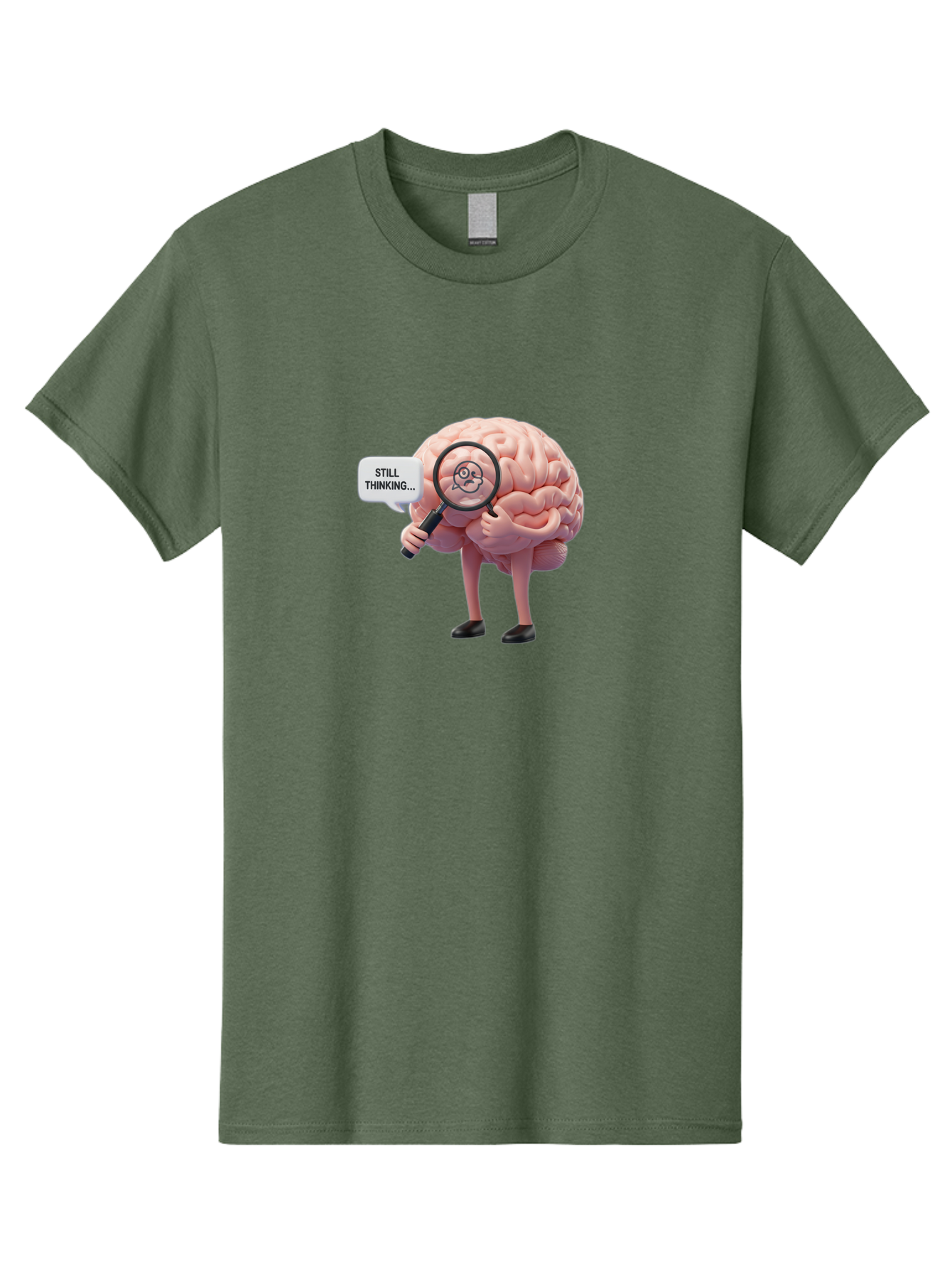 Still-Thinking-Brain-3 Men'S Graphic Tee, 100% Cotton, Comfortable Casual Summer Wear, Machine Washable, Human Brain Character, Deep Thinking, Problem Solving, Brain Analysis, Magnifying Glass, Thought Process, Cognitive Function, Bab470