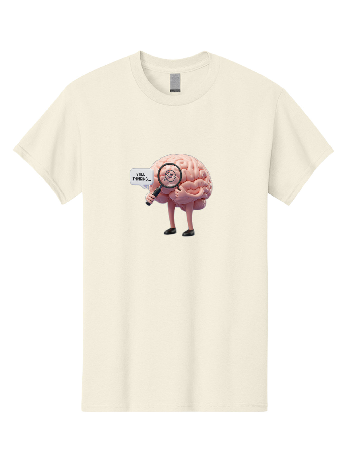 Still-Thinking-Brain-3 Men'S Graphic Tee, 100% Cotton, Comfortable Casual Summer Wear, Machine Washable, Human Brain Character, Deep Thinking, Problem Solving, Brain Analysis, Magnifying Glass, Thought Process, Cognitive Function, Bab470