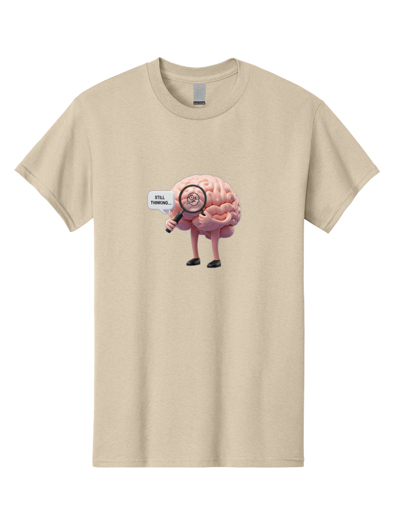 Still-Thinking-Brain-3 Men'S Graphic Tee, 100% Cotton, Comfortable Casual Summer Wear, Machine Washable, Human Brain Character, Deep Thinking, Problem Solving, Brain Analysis, Magnifying Glass, Thought Process, Cognitive Function, Bab470