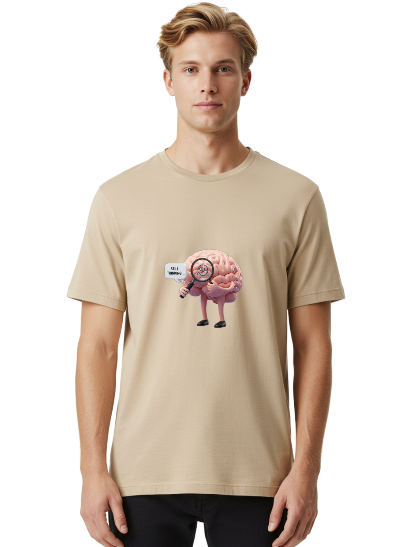 Still-Thinking-Brain-3 Men'S Graphic Tee, 100% Cotton, Comfortable Casual Summer Wear, Machine Washable, Human Brain Character, Deep Thinking, Problem Solving, Brain Analysis, Magnifying Glass, Thought Process, Cognitive Function, Bab470