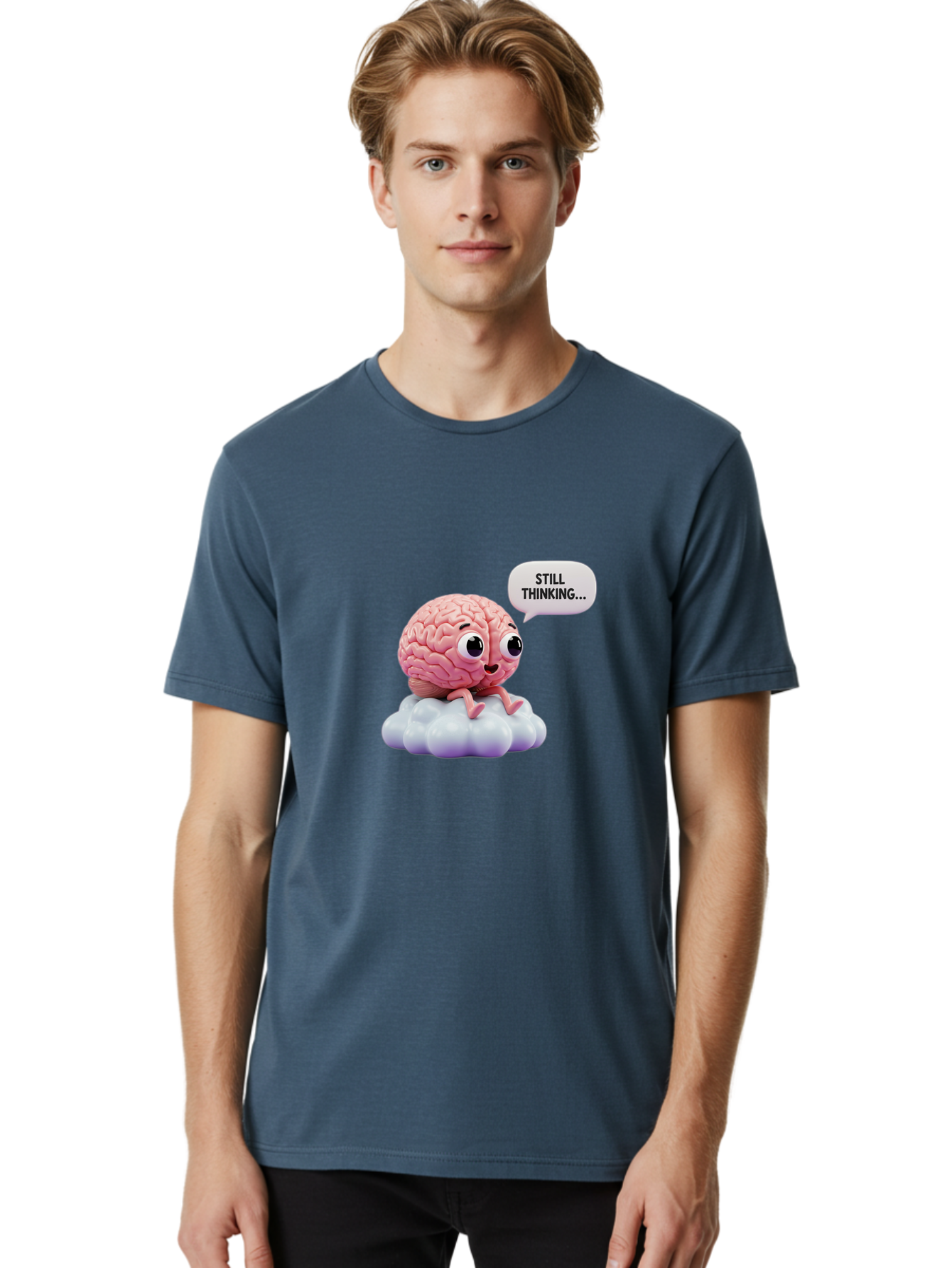 Still-Thinking-Brain Men'S Graphic Tee, 100% Cotton, Comfortable Casual Summer Wear, Machine Washable, Cartoon Brain, Thinking Face, Problem Solving, Decision Making, Critical Thinking, Cognitive Function, Brain Power, Funny Character, Bab471