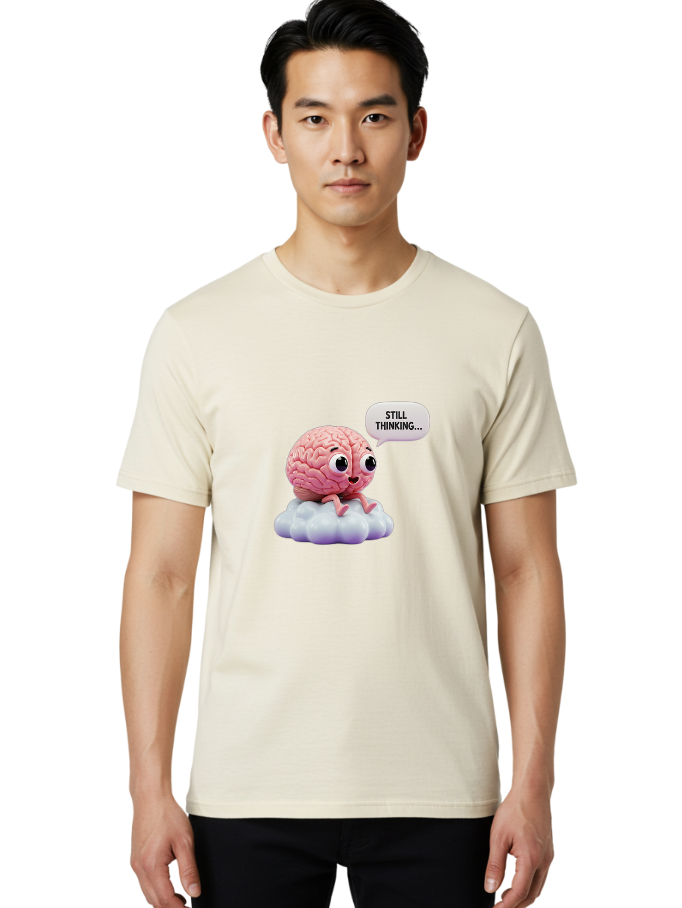 Still-Thinking-Brain Men'S Graphic Tee, 100% Cotton, Comfortable Casual Summer Wear, Machine Washable, Cartoon Brain, Thinking Face, Problem Solving, Decision Making, Critical Thinking, Cognitive Function, Brain Power, Funny Character, Bab471