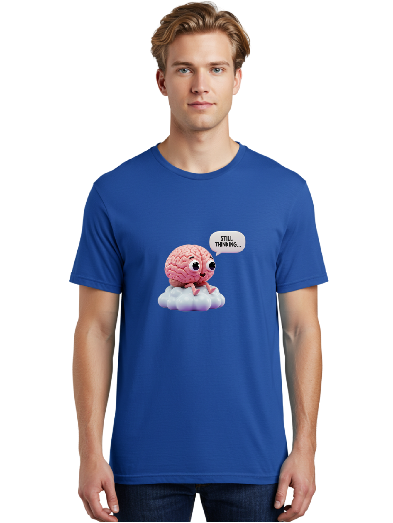 Still-Thinking-Brain Men'S Graphic Tee, 100% Cotton, Comfortable Casual Summer Wear, Machine Washable, Cartoon Brain, Thinking Face, Problem Solving, Decision Making, Critical Thinking, Cognitive Function, Brain Power, Funny Character, Bab471