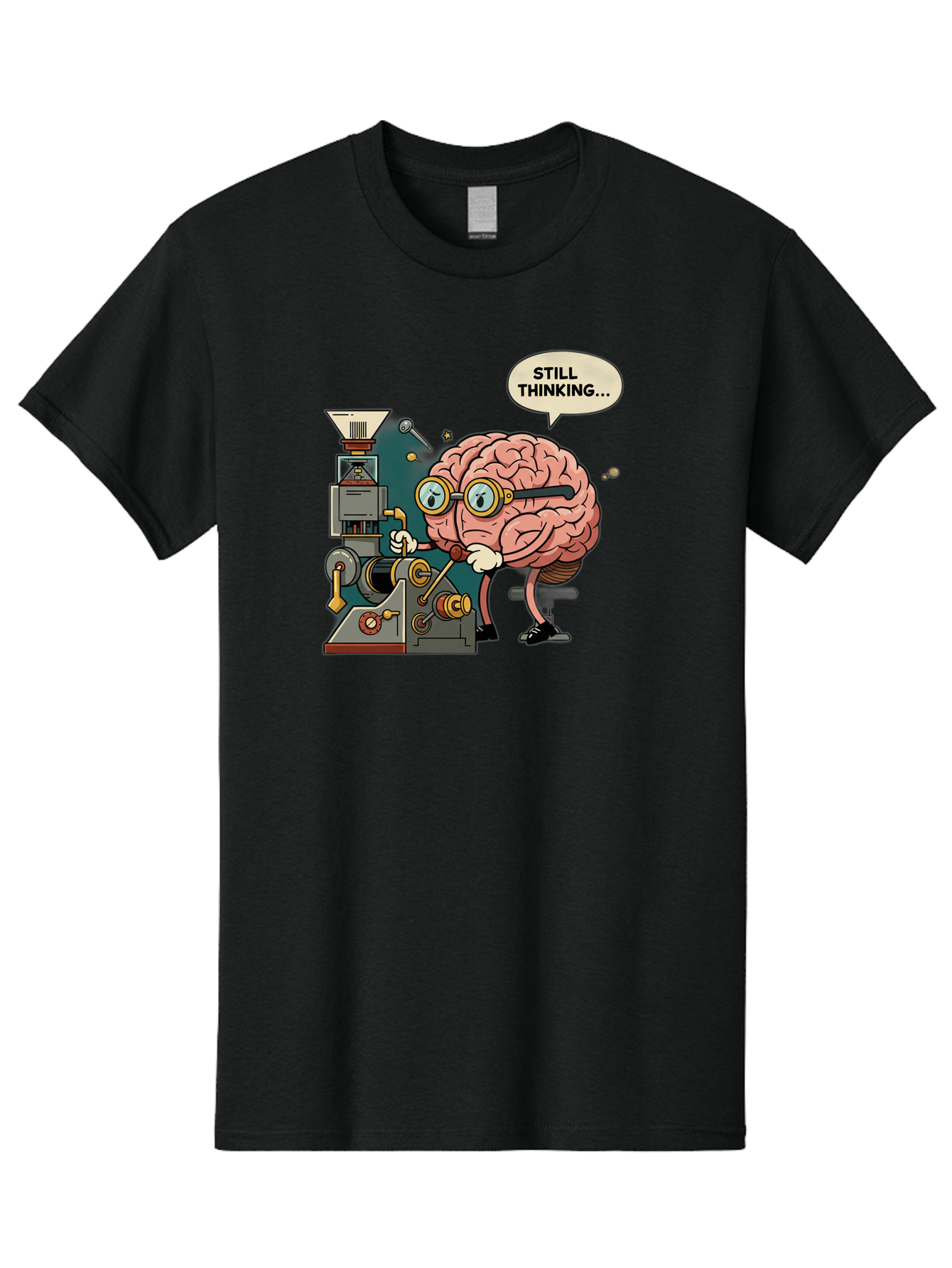 Still-Thinking Men'S Graphic Tee, 100% Cotton, Comfortable Casual Summer Wear, Machine Washable, Brain Character Working On Machine, Thinking Face, Problem Solving, Creative Process, Idea Generation, Cartoon Brain, Humorous Illustration, Bab472