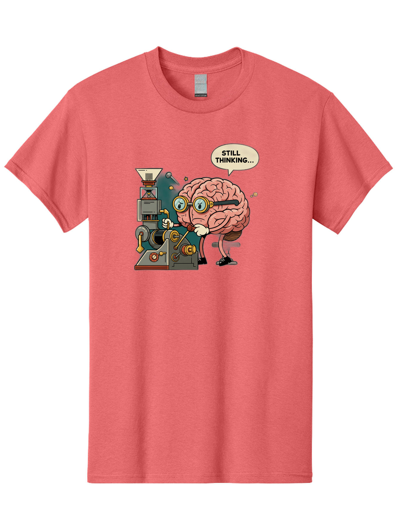 Still-Thinking Men'S Graphic Tee, 100% Cotton, Comfortable Casual Summer Wear, Machine Washable, Brain Character Working On Machine, Thinking Face, Problem Solving, Creative Process, Idea Generation, Cartoon Brain, Humorous Illustration, Bab472