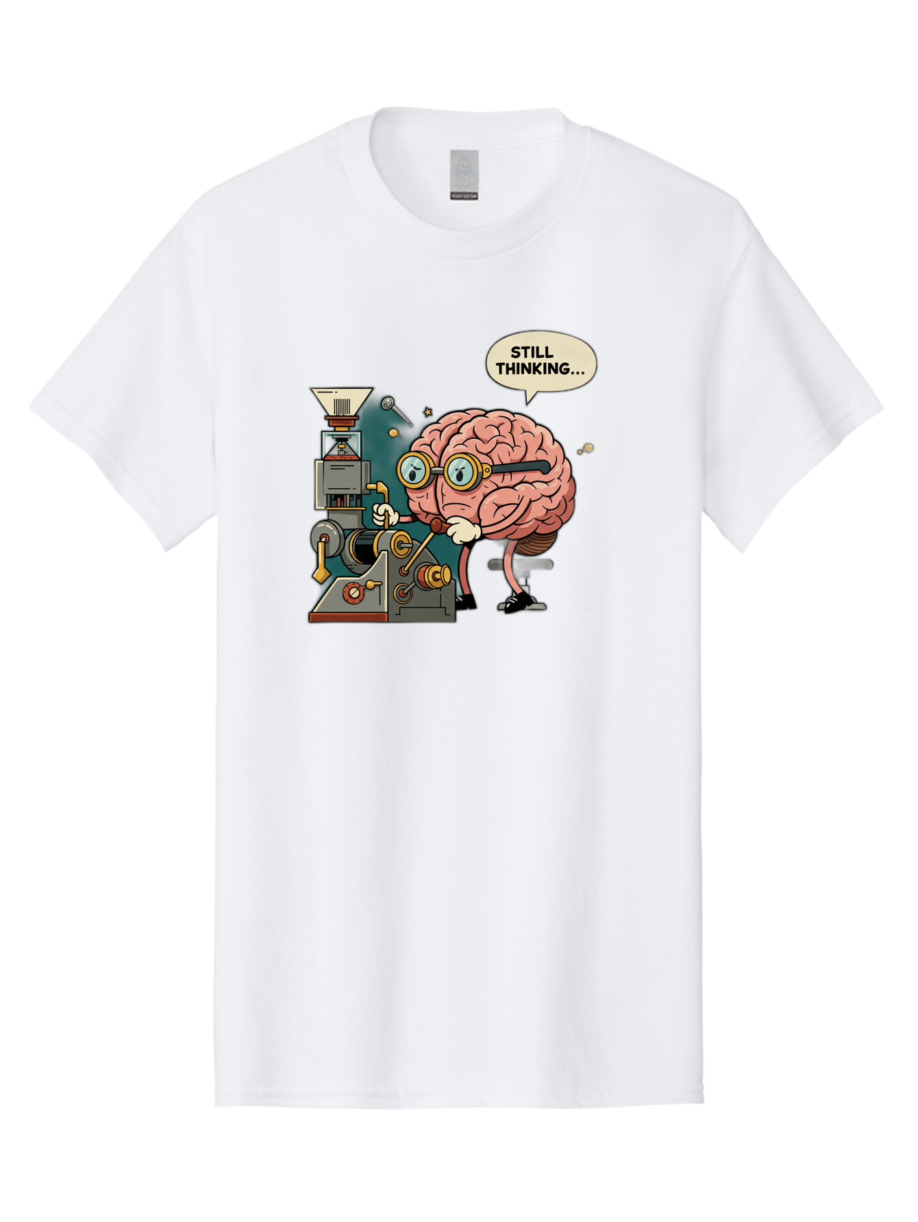 Still-Thinking Men'S Graphic Tee, 100% Cotton, Comfortable Casual Summer Wear, Machine Washable, Brain Character Working On Machine, Thinking Face, Problem Solving, Creative Process, Idea Generation, Cartoon Brain, Humorous Illustration, Bab472