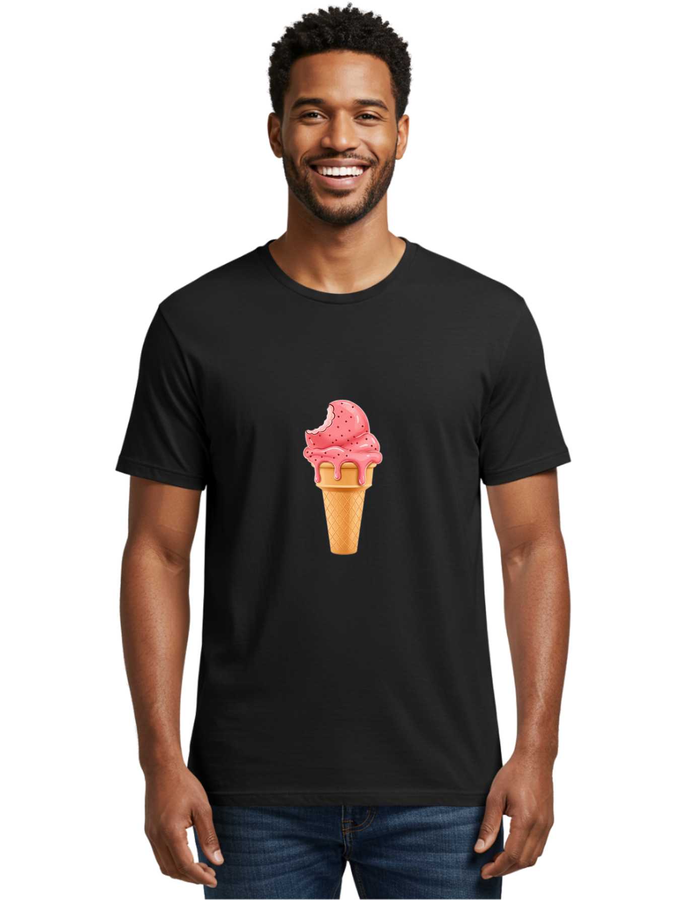 Strawberry-Ice-Cream-Cone Men'S Graphic Tee, 100% Cotton, Comfortable Casual Summer Wear, Machine Washable, Pink Strawberry Ice Cream, Melting Ice Cream, Waffle Cone, Sweet Treats, Dessert Lover, Summer Snack, Strawberry Flavor Bab473