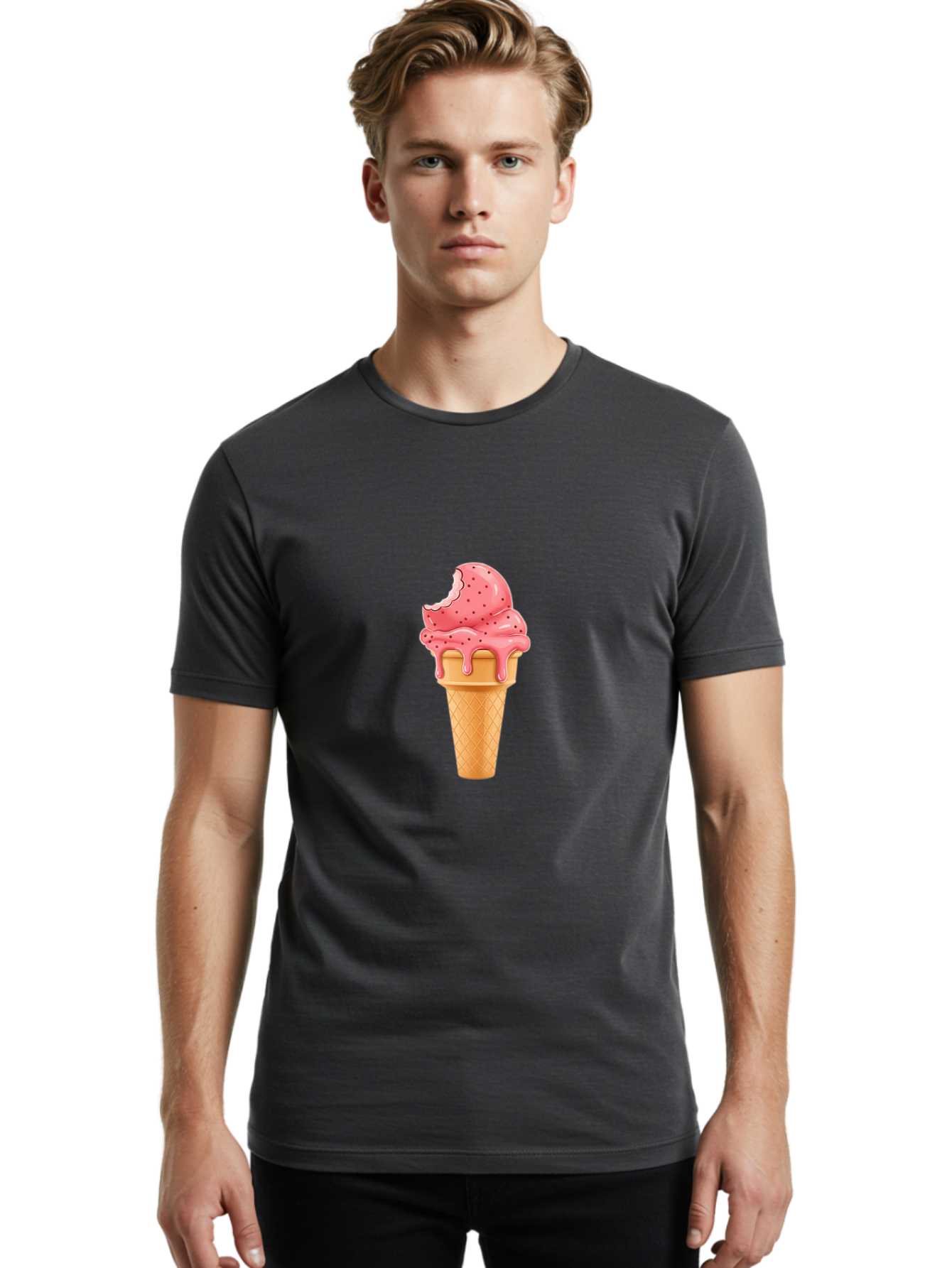Strawberry-Ice-Cream-Cone Men'S Graphic Tee, 100% Cotton, Comfortable Casual Summer Wear, Machine Washable, Pink Strawberry Ice Cream, Melting Ice Cream, Waffle Cone, Sweet Treats, Dessert Lover, Summer Snack, Strawberry Flavor Bab473
