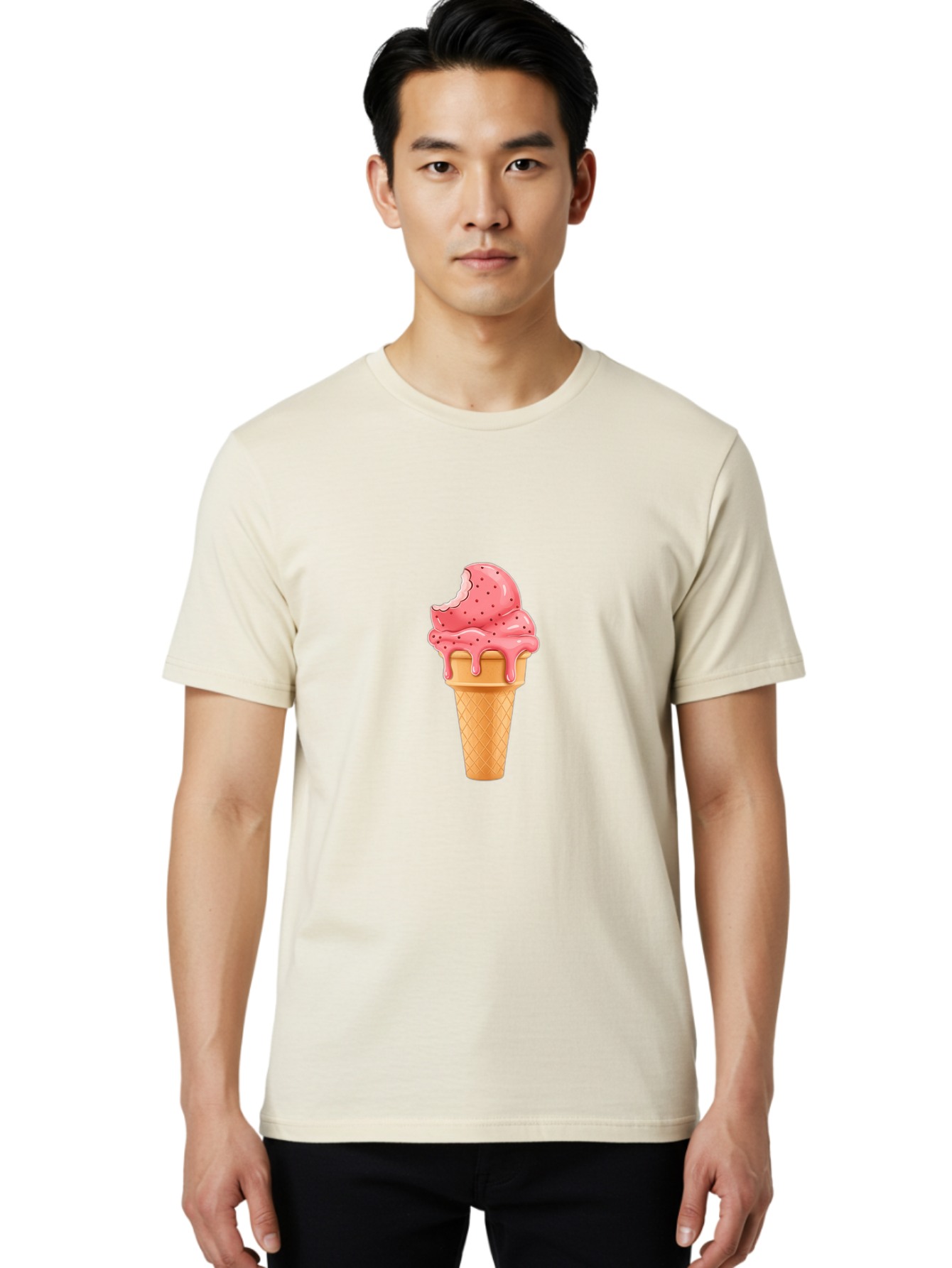 Strawberry-Ice-Cream-Cone Men'S Graphic Tee, 100% Cotton, Comfortable Casual Summer Wear, Machine Washable, Pink Strawberry Ice Cream, Melting Ice Cream, Waffle Cone, Sweet Treats, Dessert Lover, Summer Snack, Strawberry Flavor Bab473