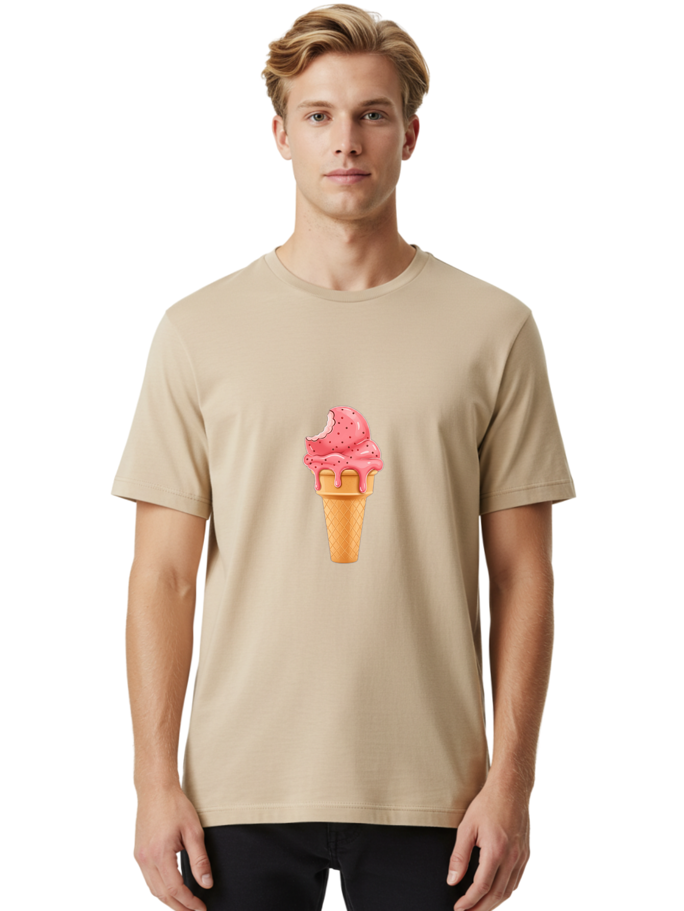 Strawberry-Ice-Cream-Cone Men'S Graphic Tee, 100% Cotton, Comfortable Casual Summer Wear, Machine Washable, Pink Strawberry Ice Cream, Melting Ice Cream, Waffle Cone, Sweet Treats, Dessert Lover, Summer Snack, Strawberry Flavor Bab473