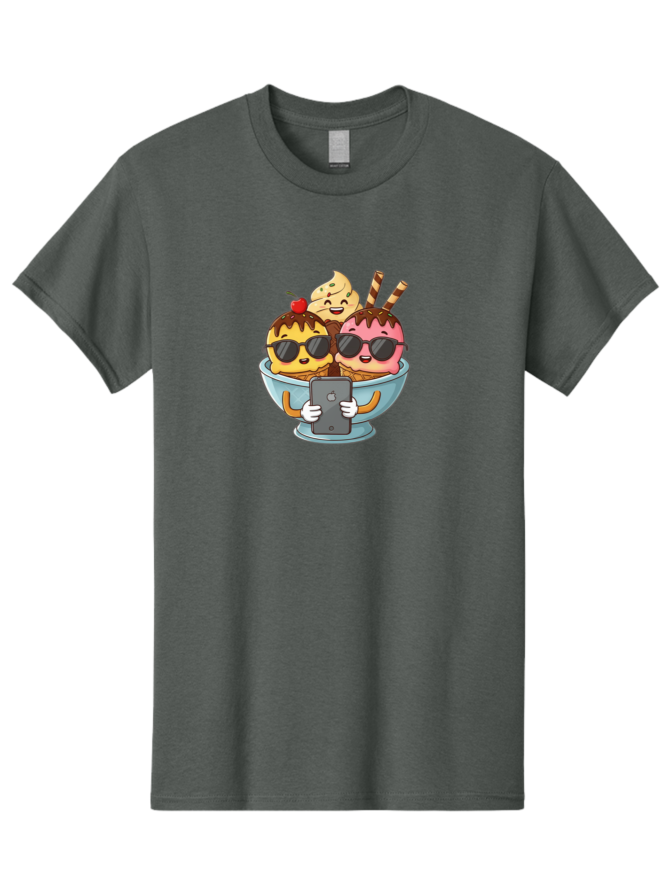 Sundae-Friends Men'S Graphic Tee, 100% Cotton, Comfortable Casual Summer Wear, Machine Washable, Sundaes With Sunglasses, Smartphone Selfie, Chocolate Sauce, Cherry On Top, Cartoon Illustrations Bab477