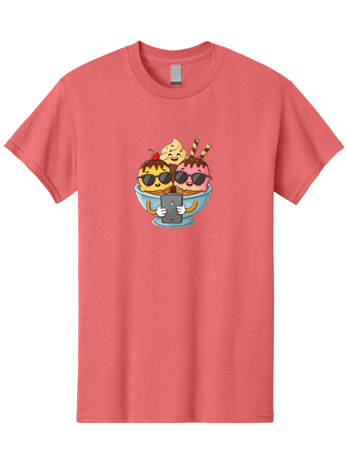 Sundae-Friends Men'S Graphic Tee, 100% Cotton, Comfortable Casual Summer Wear, Machine Washable, Sundaes With Sunglasses, Smartphone Selfie, Chocolate Sauce, Cherry On Top, Cartoon Illustrations Bab477