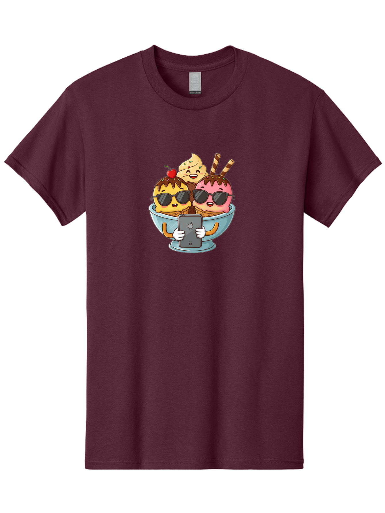 Sundae-Friends Men'S Graphic Tee, 100% Cotton, Comfortable Casual Summer Wear, Machine Washable, Sundaes With Sunglasses, Smartphone Selfie, Chocolate Sauce, Cherry On Top, Cartoon Illustrations Bab477
