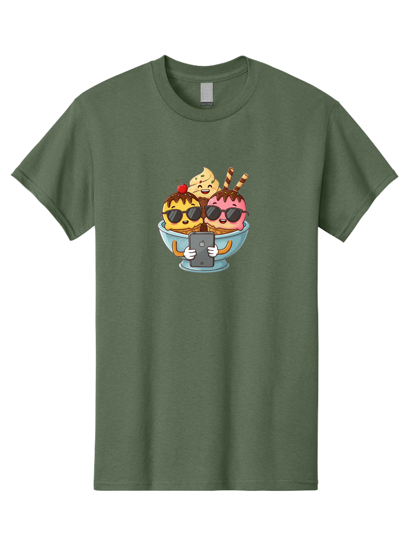 Sundae-Friends Men'S Graphic Tee, 100% Cotton, Comfortable Casual Summer Wear, Machine Washable, Sundaes With Sunglasses, Smartphone Selfie, Chocolate Sauce, Cherry On Top, Cartoon Illustrations Bab477