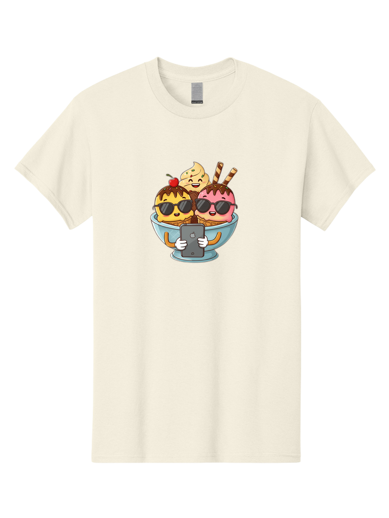 Sundae-Friends Men'S Graphic Tee, 100% Cotton, Comfortable Casual Summer Wear, Machine Washable, Sundaes With Sunglasses, Smartphone Selfie, Chocolate Sauce, Cherry On Top, Cartoon Illustrations Bab477