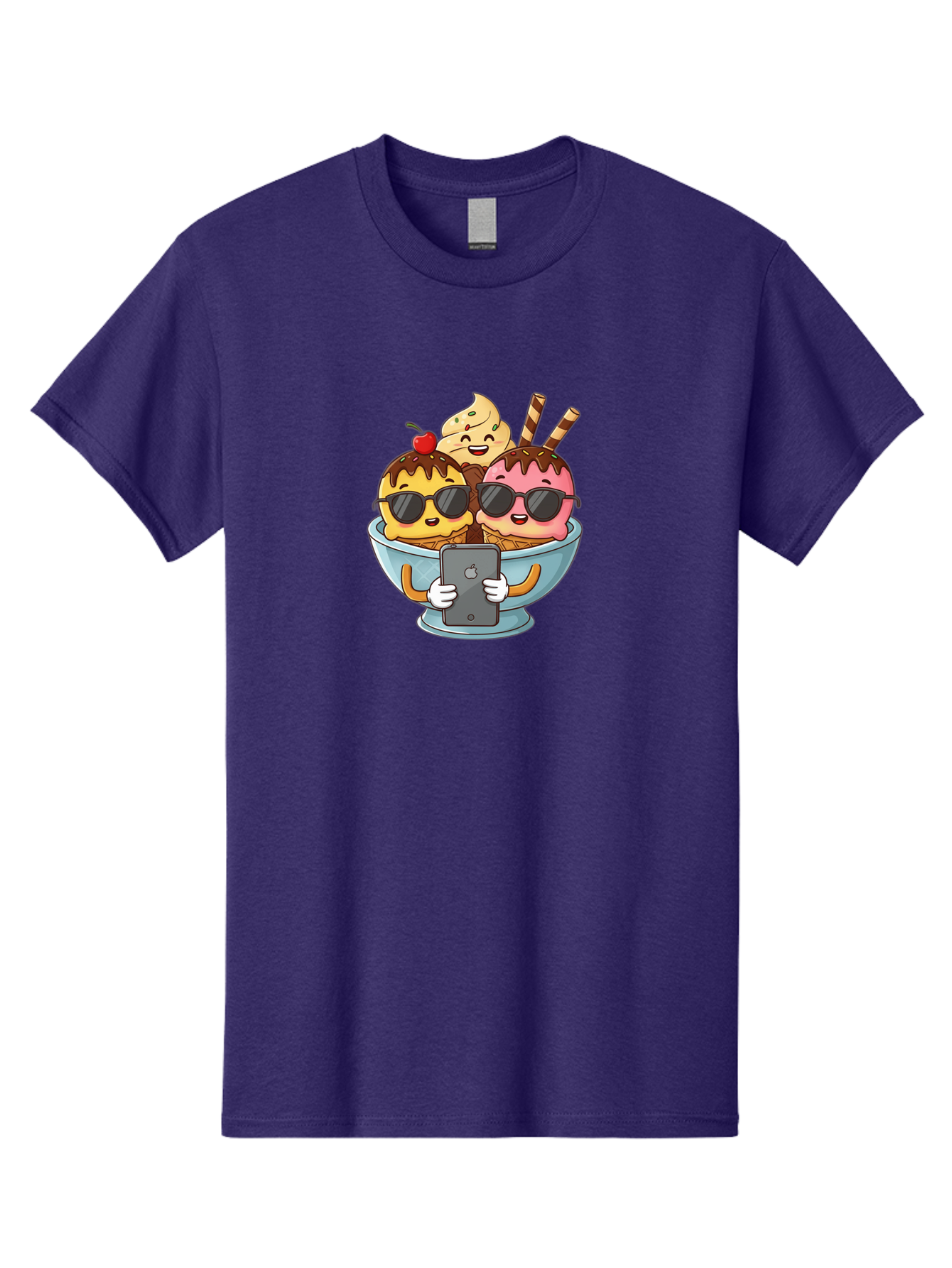 Sundae-Friends Men'S Graphic Tee, 100% Cotton, Comfortable Casual Summer Wear, Machine Washable, Sundaes With Sunglasses, Smartphone Selfie, Chocolate Sauce, Cherry On Top, Cartoon Illustrations Bab477