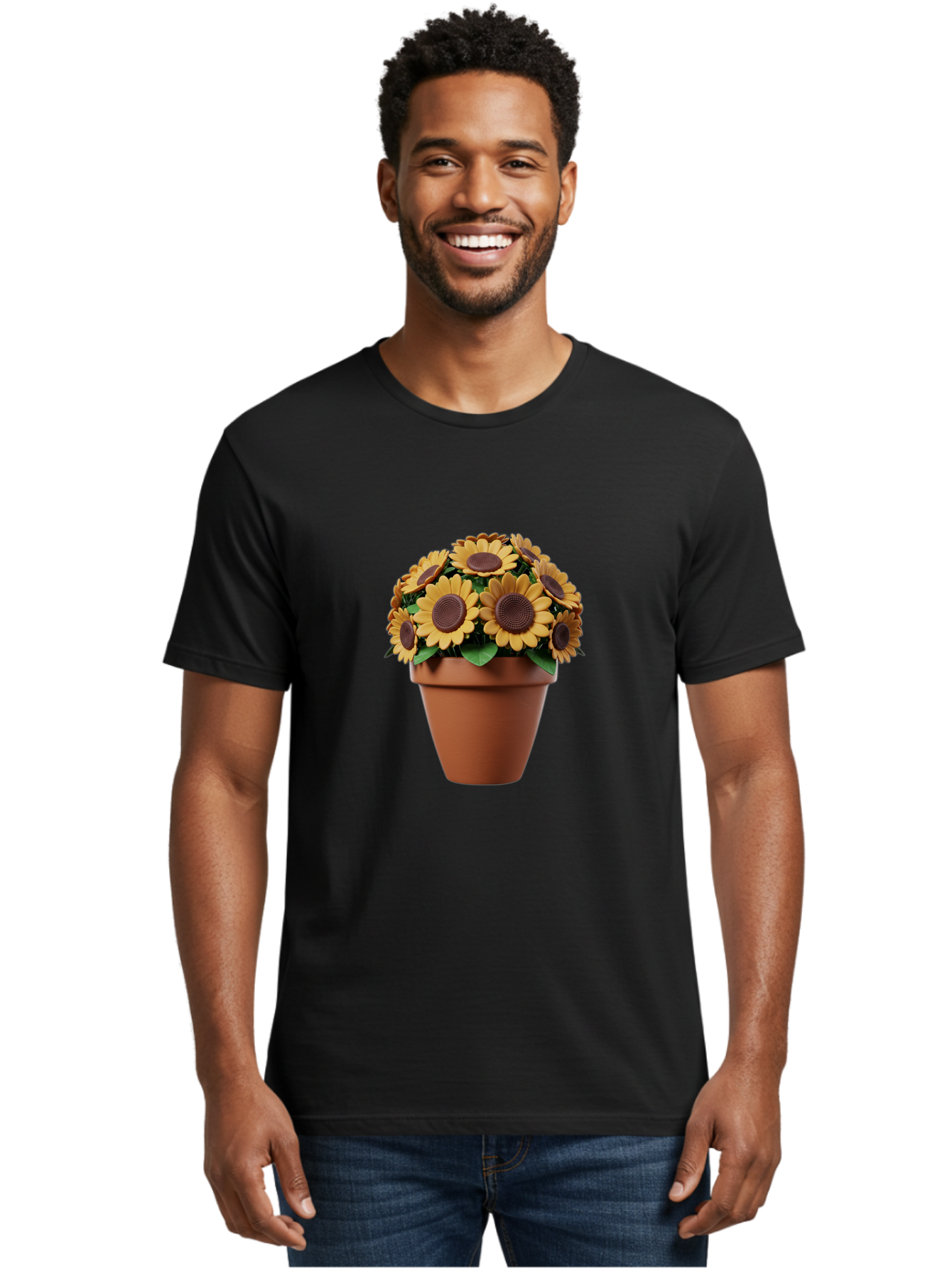 Sunflowers-In-Terracotta-Pot Men'S Graphic Tee, 100% Cotton, Comfortable Casual Summer Wear, Machine Washable, Sunflowers In Terracotta Pot, Yellow Flowers, Floral Arrangement, Potted Plants, Garden Decor, Home Decor, Artificial Flowers, Bab479