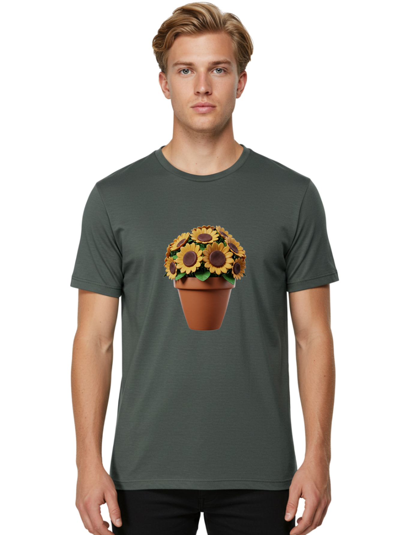 Sunflowers-In-Terracotta-Pot Men'S Graphic Tee, 100% Cotton, Comfortable Casual Summer Wear, Machine Washable, Sunflowers In Terracotta Pot, Yellow Flowers, Floral Arrangement, Potted Plants, Garden Decor, Home Decor, Artificial Flowers, Bab479