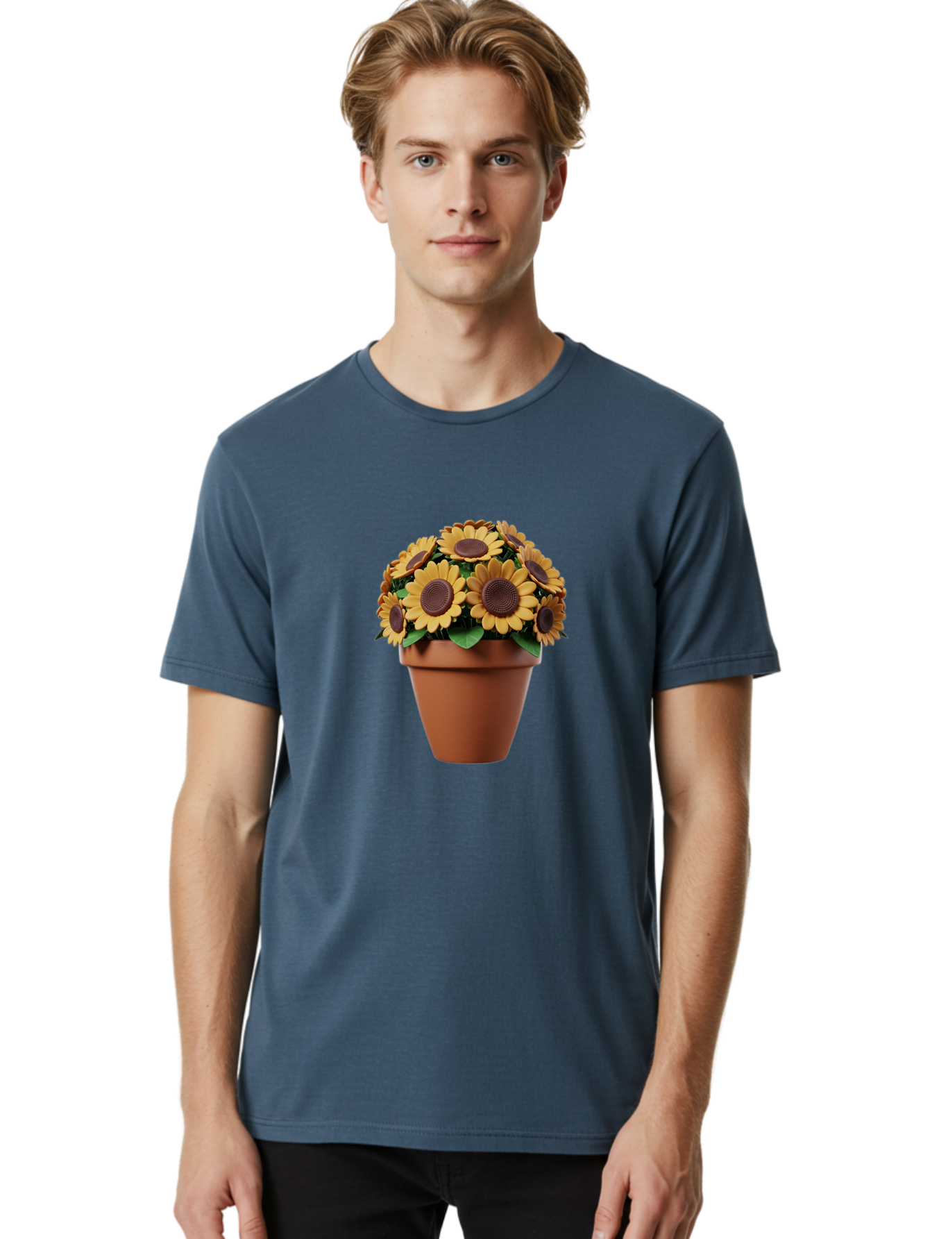Sunflowers-In-Terracotta-Pot Men'S Graphic Tee, 100% Cotton, Comfortable Casual Summer Wear, Machine Washable, Sunflowers In Terracotta Pot, Yellow Flowers, Floral Arrangement, Potted Plants, Garden Decor, Home Decor, Artificial Flowers, Bab479
