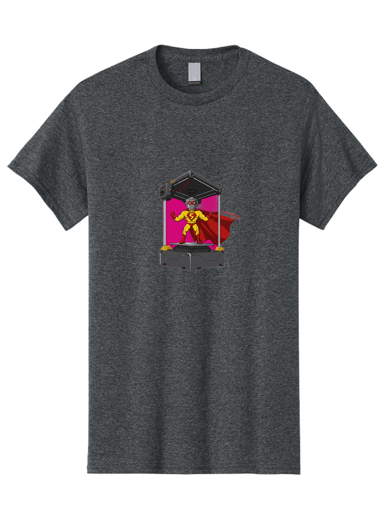 Super-S Men'S Graphic Tee, 100% Cotton, Comfortable Casual Summer Wear, Machine Washable, Superhero Emerging From 3D Printer, Futuristic Technology, Cartoon Character, Yellow And Red Costume, Red Cape, Superhero Emblem, Innovative Printing Bab481