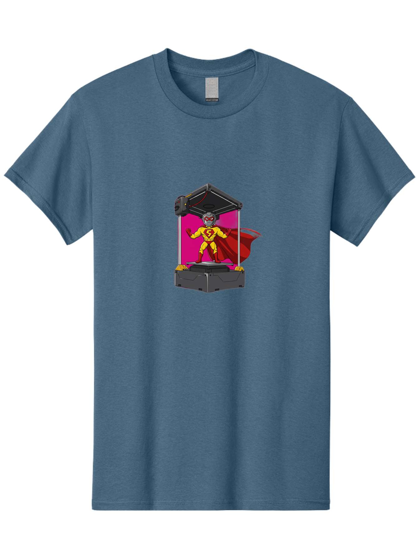 Super-S Men'S Graphic Tee, 100% Cotton, Comfortable Casual Summer Wear, Machine Washable, Superhero Emerging From 3D Printer, Futuristic Technology, Cartoon Character, Yellow And Red Costume, Red Cape, Superhero Emblem, Innovative Printing Bab481