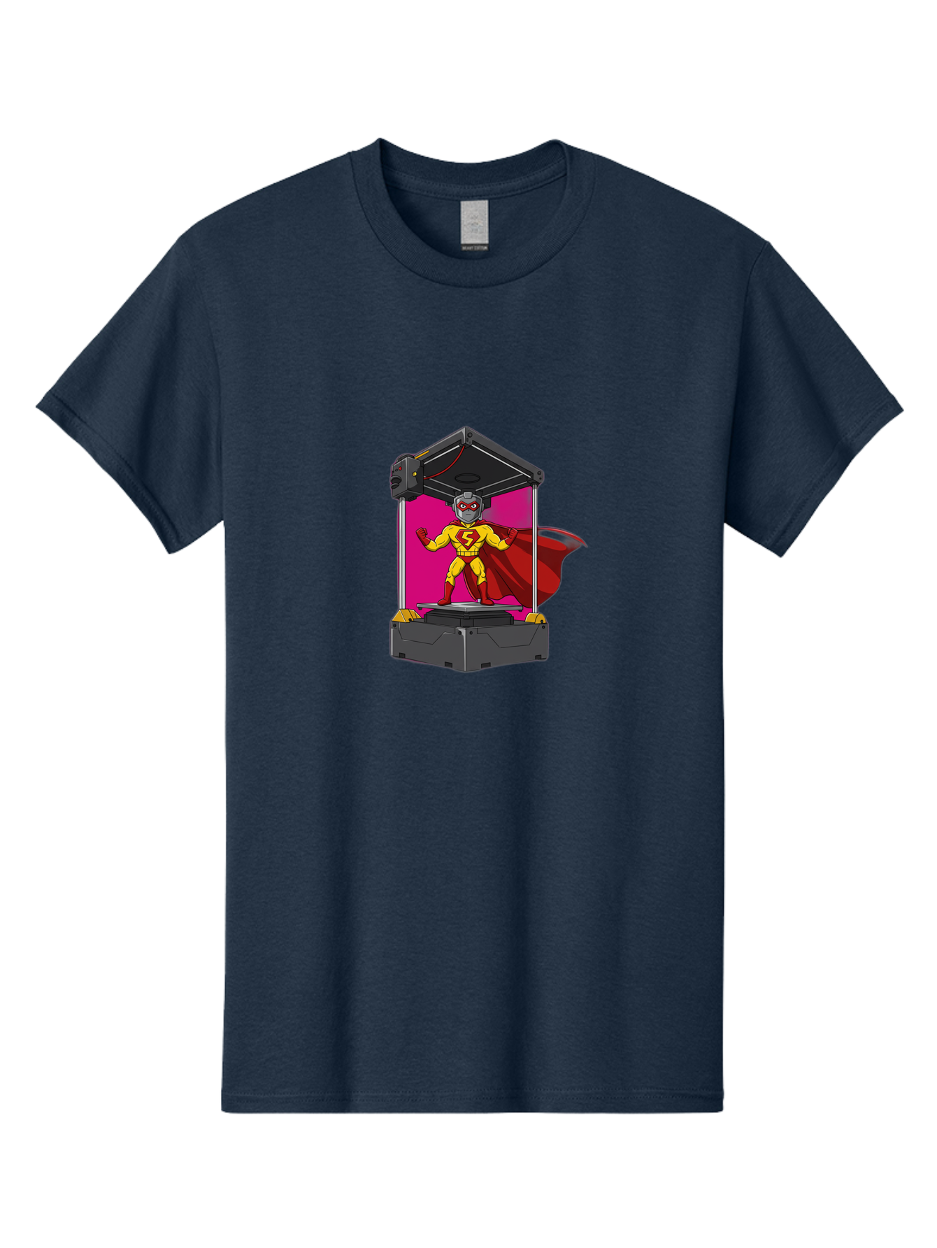 Super-S Men'S Graphic Tee, 100% Cotton, Comfortable Casual Summer Wear, Machine Washable, Superhero Emerging From 3D Printer, Futuristic Technology, Cartoon Character, Yellow And Red Costume, Red Cape, Superhero Emblem, Innovative Printing Bab481