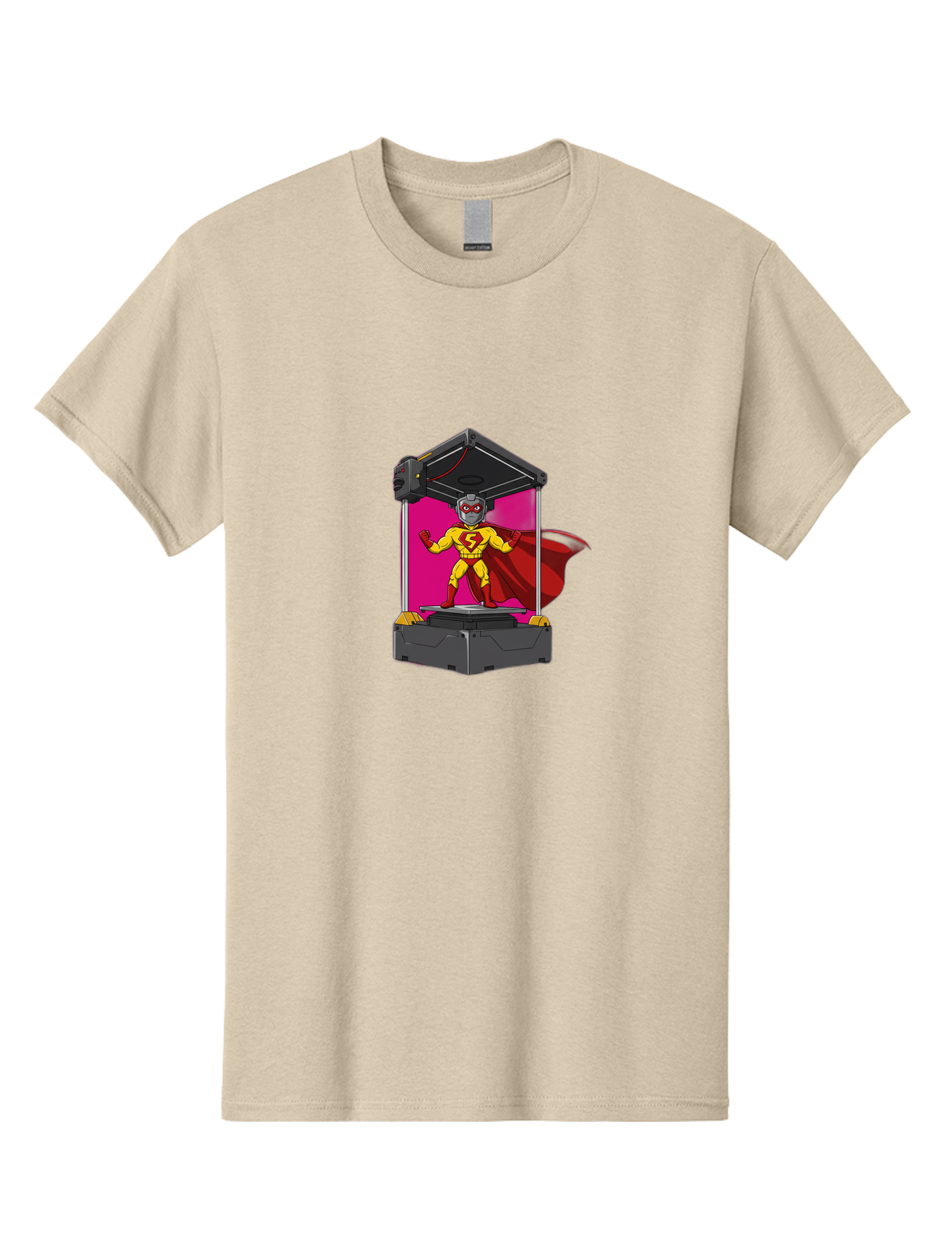 Super-S Men'S Graphic Tee, 100% Cotton, Comfortable Casual Summer Wear, Machine Washable, Superhero Emerging From 3D Printer, Futuristic Technology, Cartoon Character, Yellow And Red Costume, Red Cape, Superhero Emblem, Innovative Printing Bab481