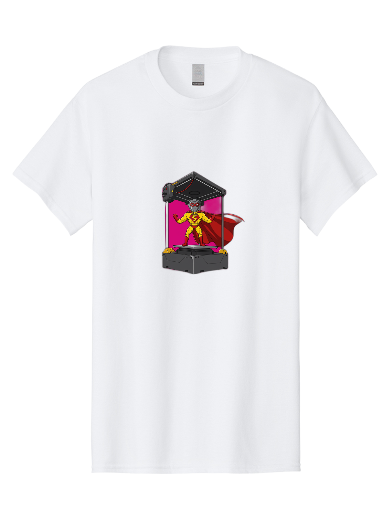 Super-S Men'S Graphic Tee, 100% Cotton, Comfortable Casual Summer Wear, Machine Washable, Superhero Emerging From 3D Printer, Futuristic Technology, Cartoon Character, Yellow And Red Costume, Red Cape, Superhero Emblem, Innovative Printing Bab481