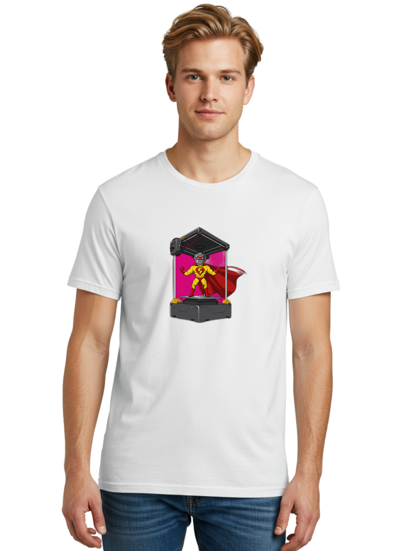 Super-S Men'S Graphic Tee, 100% Cotton, Comfortable Casual Summer Wear, Machine Washable, Superhero Emerging From 3D Printer, Futuristic Technology, Cartoon Character, Yellow And Red Costume, Red Cape, Superhero Emblem, Innovative Printing Bab481