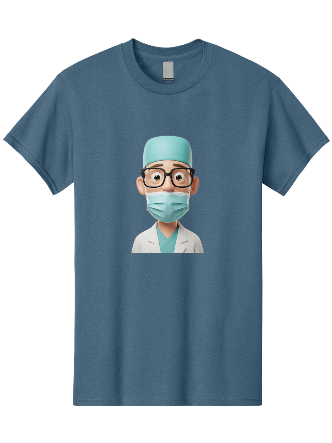 Surgeon Men'S Graphic Tee, 100% Cotton, Comfortable Casual Summer Wear, Machine Washable, Cartoon Surgeon, Medical Professional, Surgical Attire, Protective Gear, Face Mask, Glasses, Shocked Expression, White Lab Coat, Blue Scrubs Bab482