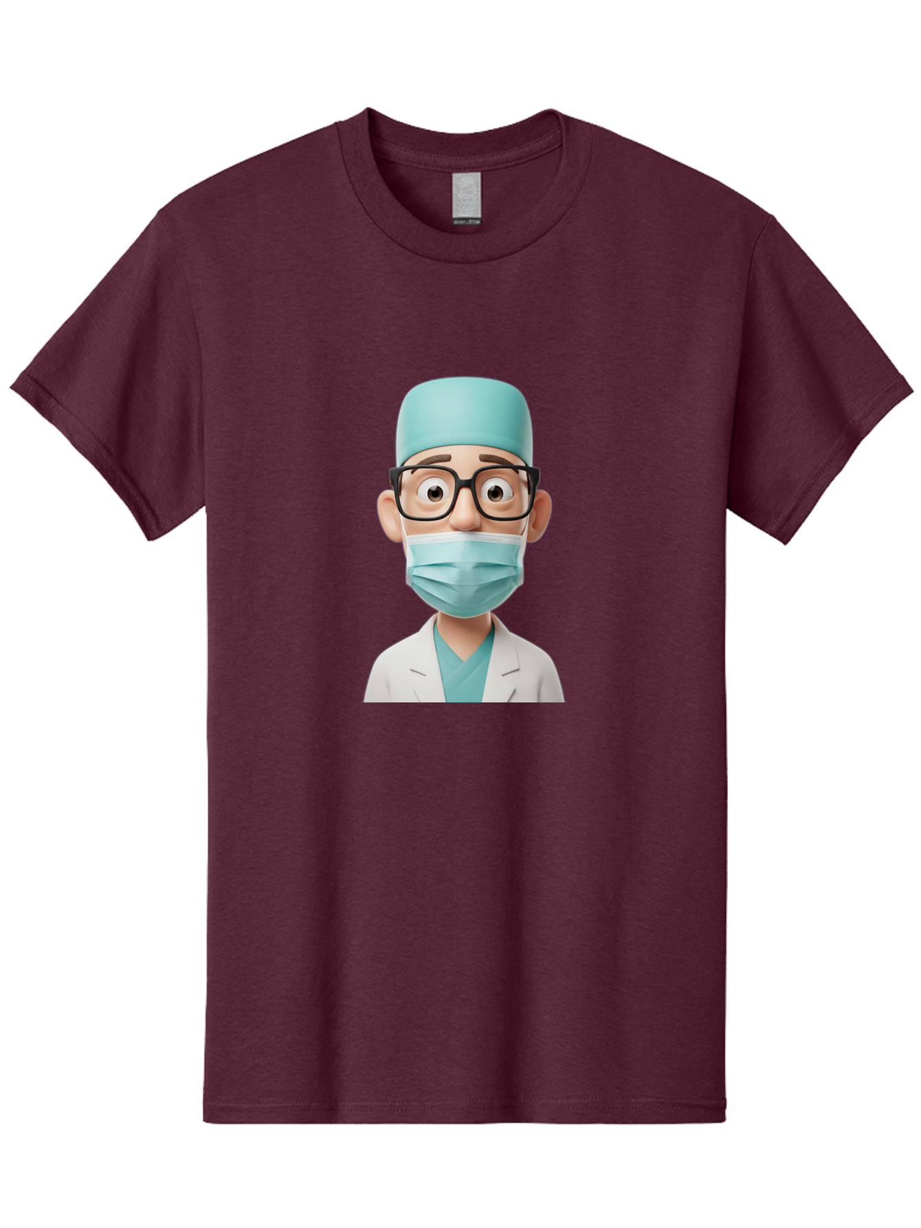 Surgeon Men'S Graphic Tee, 100% Cotton, Comfortable Casual Summer Wear, Machine Washable, Cartoon Surgeon, Medical Professional, Surgical Attire, Protective Gear, Face Mask, Glasses, Shocked Expression, White Lab Coat, Blue Scrubs Bab482