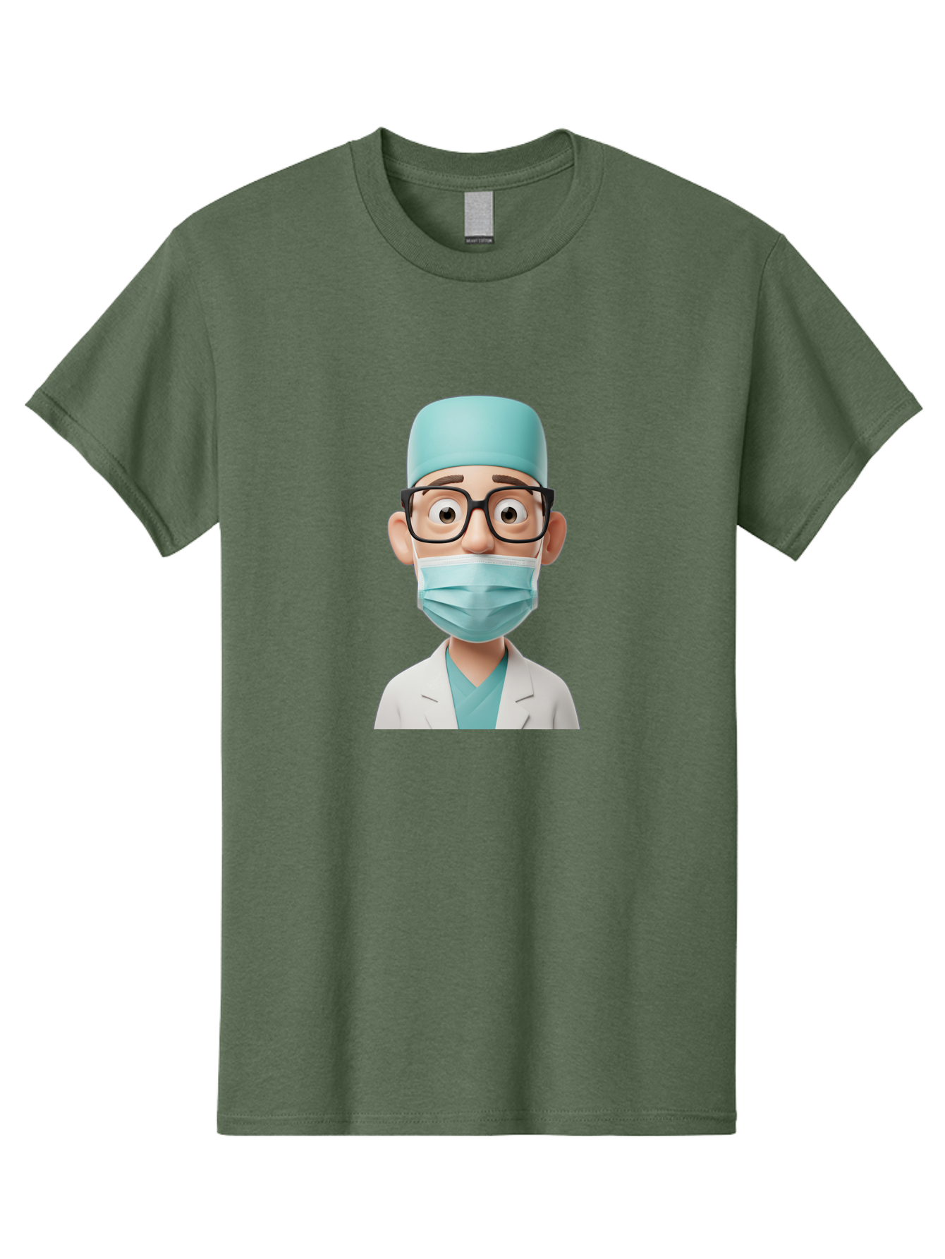 Surgeon Men'S Graphic Tee, 100% Cotton, Comfortable Casual Summer Wear, Machine Washable, Cartoon Surgeon, Medical Professional, Surgical Attire, Protective Gear, Face Mask, Glasses, Shocked Expression, White Lab Coat, Blue Scrubs Bab482