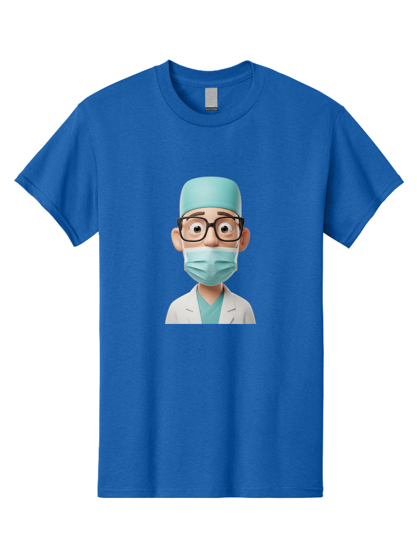 Surgeon Men'S Graphic Tee, 100% Cotton, Comfortable Casual Summer Wear, Machine Washable, Cartoon Surgeon, Medical Professional, Surgical Attire, Protective Gear, Face Mask, Glasses, Shocked Expression, White Lab Coat, Blue Scrubs Bab482