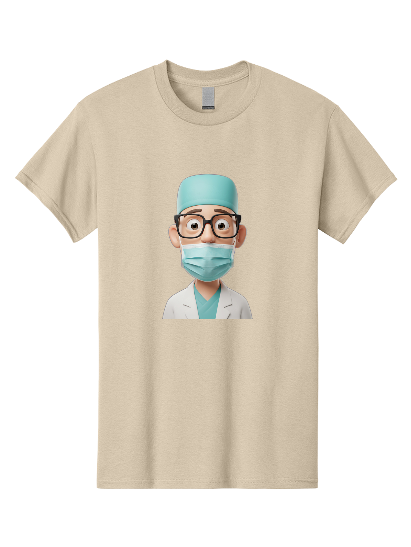 Surgeon Men'S Graphic Tee, 100% Cotton, Comfortable Casual Summer Wear, Machine Washable, Cartoon Surgeon, Medical Professional, Surgical Attire, Protective Gear, Face Mask, Glasses, Shocked Expression, White Lab Coat, Blue Scrubs Bab482