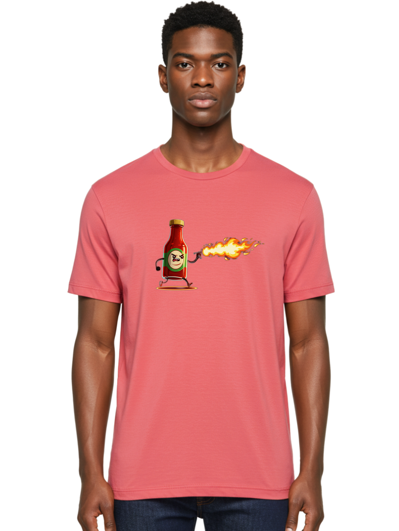Tabasco Men'S Graphic Tee, 100% Cotton, Comfortable Casual Summer Wear, Machine Washable, Tabasco Sauce Bottle Character, Fiery Personality, Cartoon Style, Hot Sauce, Spicy Food, Humorous Illustration, Condiment, Animated Bottle Bab486