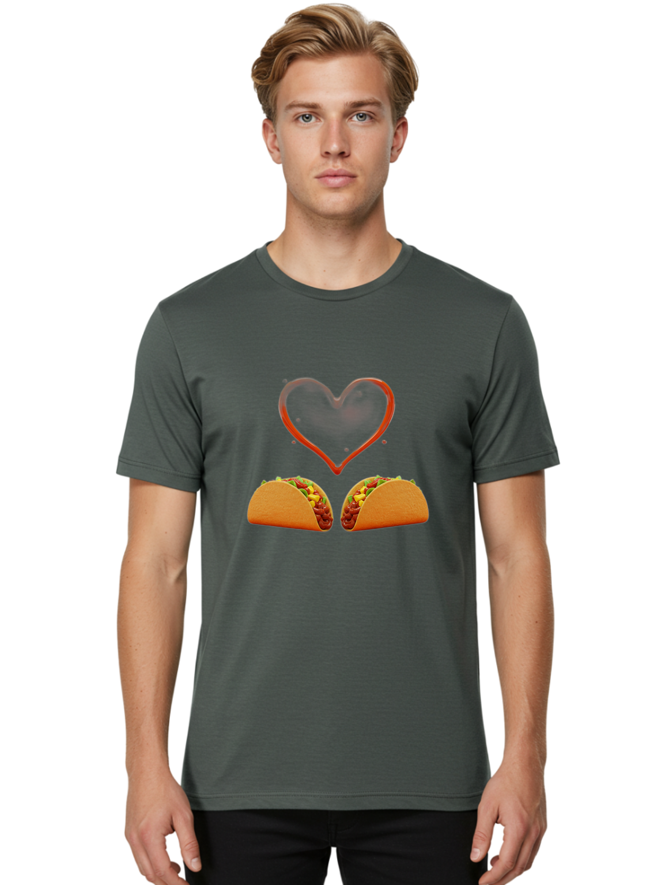 Tacos-And-Heart Men'S Graphic Tee, 100% Cotton, Comfortable Casual Summer Wear, Machine Washable, Tacos With Meat, Corn, Salsa, Love Heart, Red Outline, Delicious Food, Mexican Cuisine, Tasty Treats, Vibrant Colors, Savory Dishes Bab487