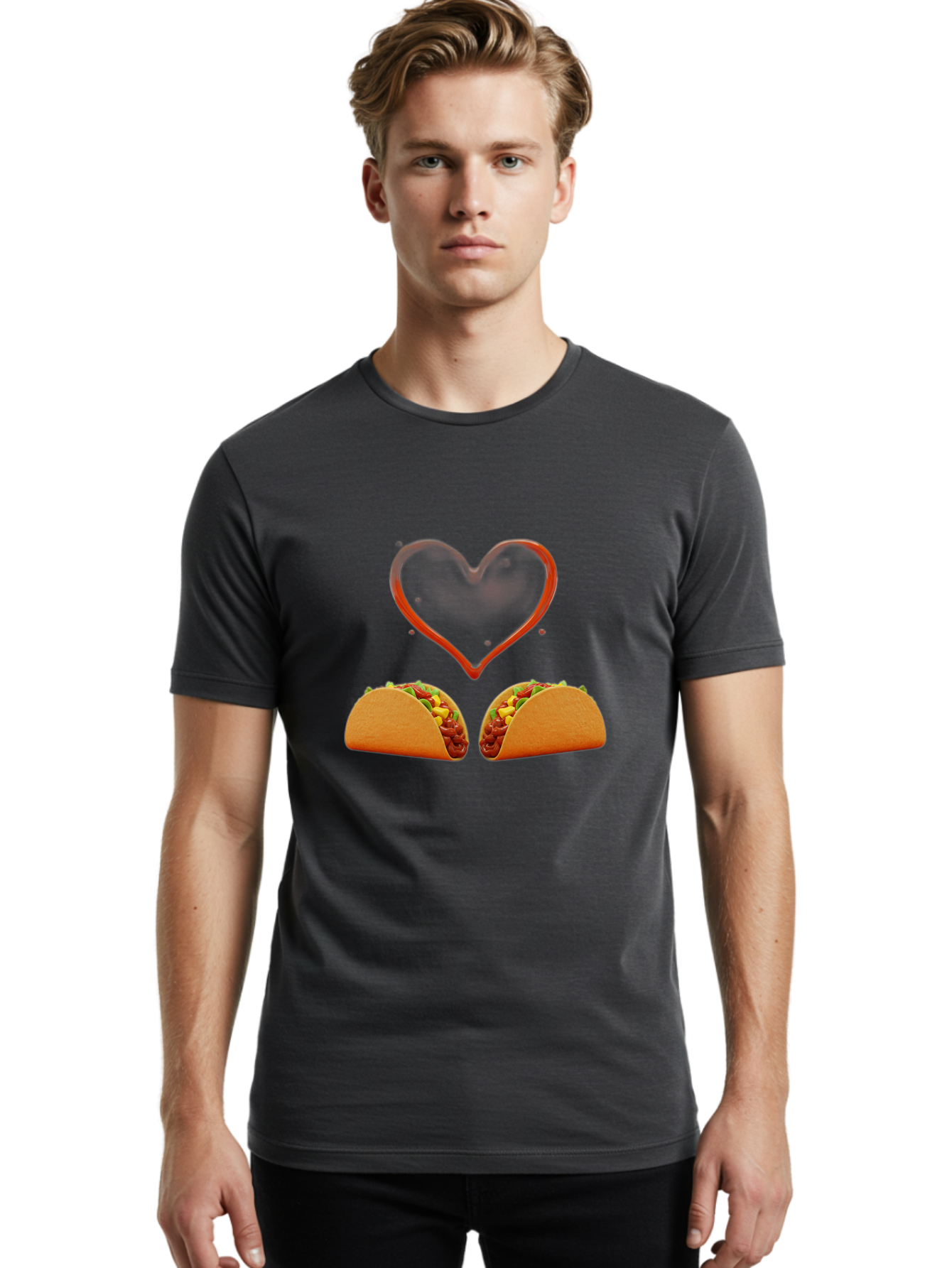 Tacos-And-Heart Men'S Graphic Tee, 100% Cotton, Comfortable Casual Summer Wear, Machine Washable, Tacos With Meat, Corn, Salsa, Love Heart, Red Outline, Delicious Food, Mexican Cuisine, Tasty Treats, Vibrant Colors, Savory Dishes Bab487