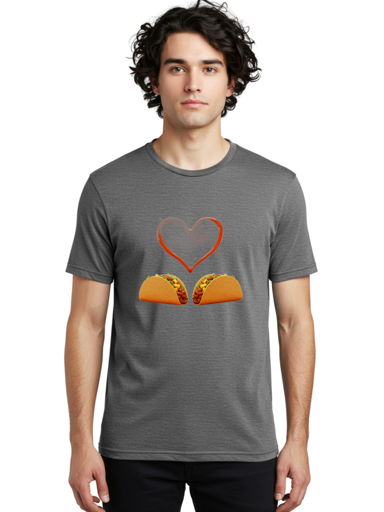 Tacos-And-Heart Men'S Graphic Tee, 100% Cotton, Comfortable Casual Summer Wear, Machine Washable, Tacos With Meat, Corn, Salsa, Love Heart, Red Outline, Delicious Food, Mexican Cuisine, Tasty Treats, Vibrant Colors, Savory Dishes Bab487