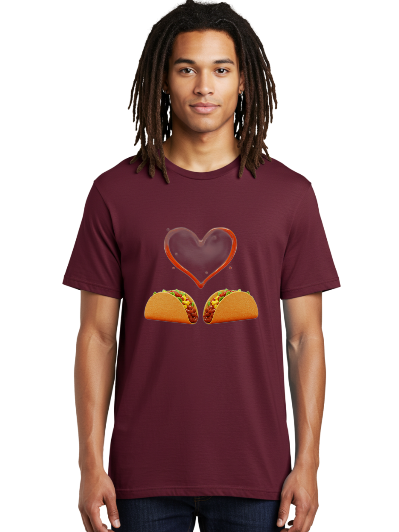 Tacos-And-Heart Men'S Graphic Tee, 100% Cotton, Comfortable Casual Summer Wear, Machine Washable, Tacos With Meat, Corn, Salsa, Love Heart, Red Outline, Delicious Food, Mexican Cuisine, Tasty Treats, Vibrant Colors, Savory Dishes Bab487