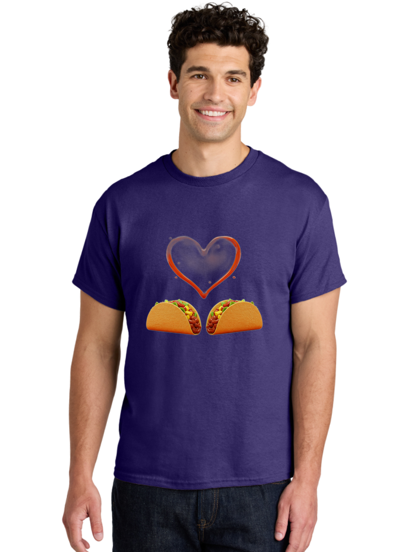 Tacos-And-Heart Men'S Graphic Tee, 100% Cotton, Comfortable Casual Summer Wear, Machine Washable, Tacos With Meat, Corn, Salsa, Love Heart, Red Outline, Delicious Food, Mexican Cuisine, Tasty Treats, Vibrant Colors, Savory Dishes Bab487
