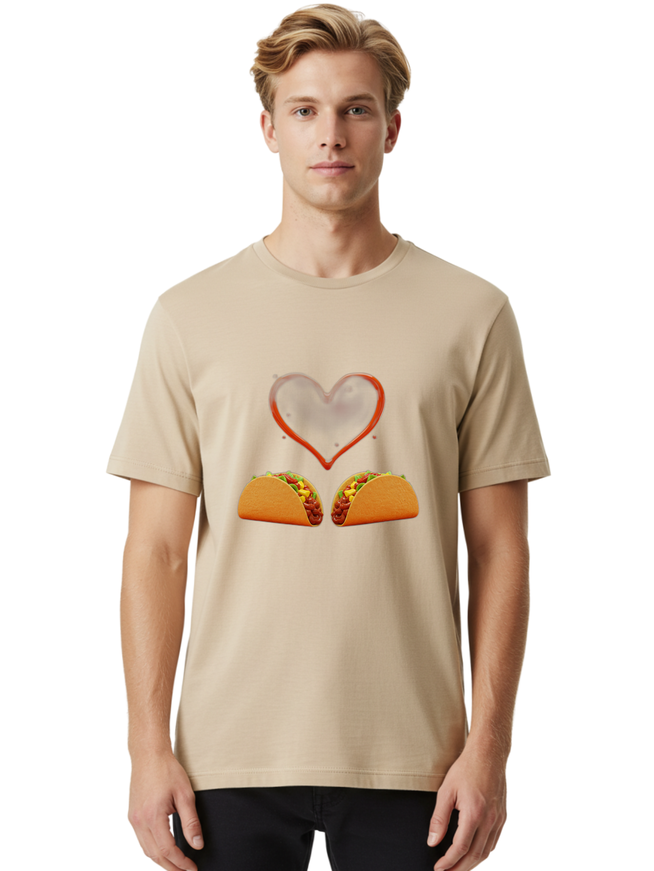 Tacos-And-Heart Men'S Graphic Tee, 100% Cotton, Comfortable Casual Summer Wear, Machine Washable, Tacos With Meat, Corn, Salsa, Love Heart, Red Outline, Delicious Food, Mexican Cuisine, Tasty Treats, Vibrant Colors, Savory Dishes Bab487