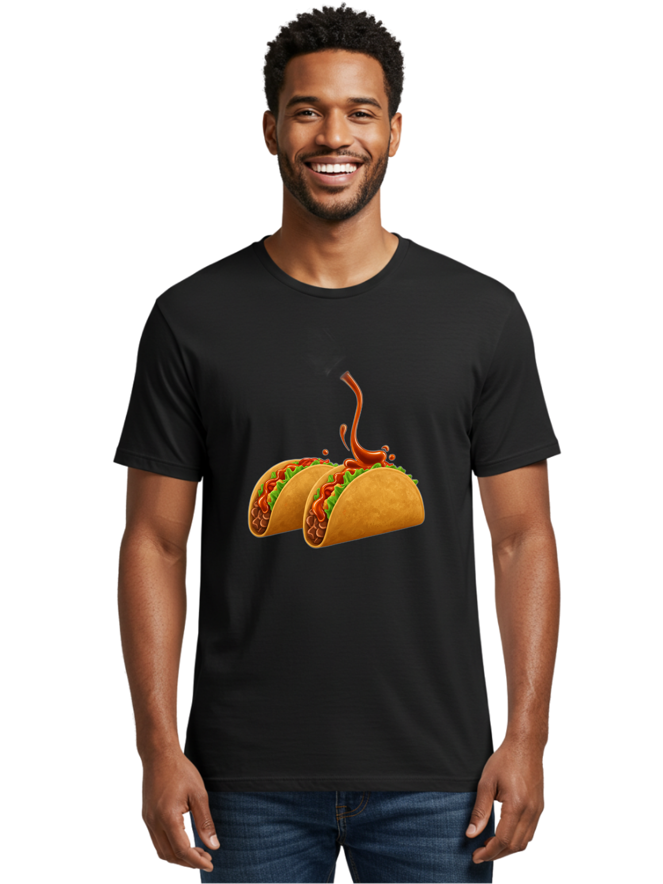 Tacos-With-Hot-Sauce Men'S Graphic Tee, 100% Cotton, Comfortable Casual Summer Wear, Machine Washable, Tacos With Lettuce, Salsa Splashing, Mexican Food, Fast Food, Taco Graphics, Vibrant Red Sauce, Crunchy Tacos, Fresh Lettuce, Salsa Splash Bab488