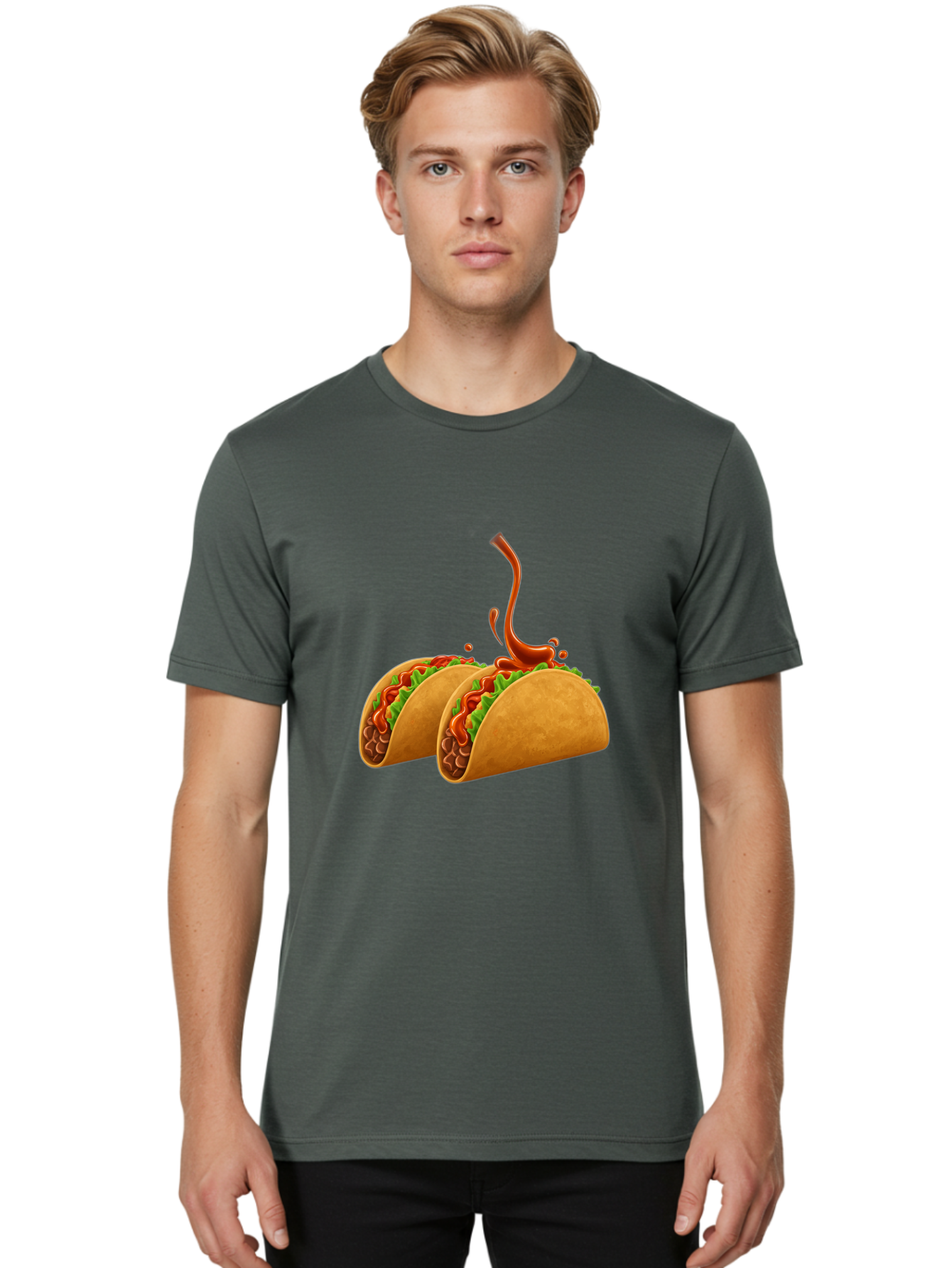 Tacos-With-Hot-Sauce Men'S Graphic Tee, 100% Cotton, Comfortable Casual Summer Wear, Machine Washable, Tacos With Lettuce, Salsa Splashing, Mexican Food, Fast Food, Taco Graphics, Vibrant Red Sauce, Crunchy Tacos, Fresh Lettuce, Salsa Splash Bab488