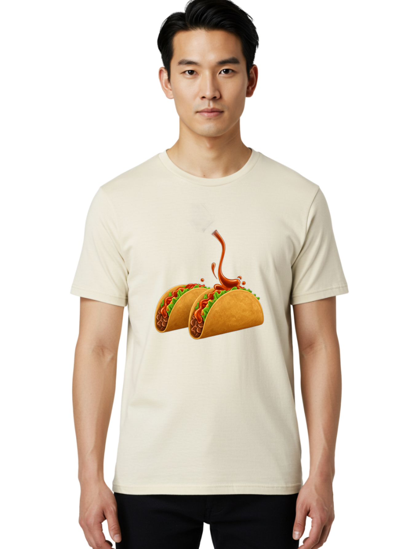 Tacos-With-Hot-Sauce Men'S Graphic Tee, 100% Cotton, Comfortable Casual Summer Wear, Machine Washable, Tacos With Lettuce, Salsa Splashing, Mexican Food, Fast Food, Taco Graphics, Vibrant Red Sauce, Crunchy Tacos, Fresh Lettuce, Salsa Splash Bab488