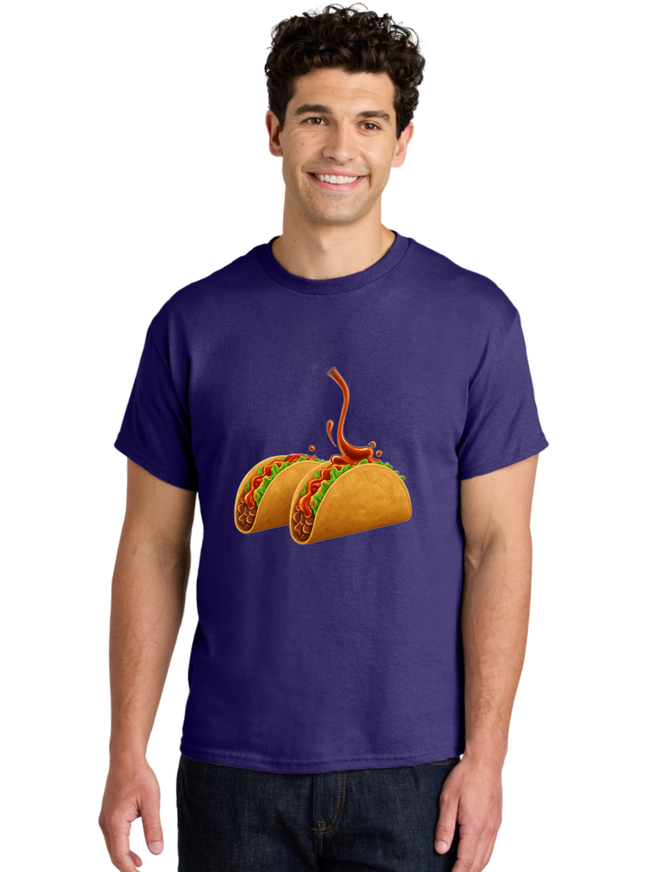 Tacos-With-Hot-Sauce Men'S Graphic Tee, 100% Cotton, Comfortable Casual Summer Wear, Machine Washable, Tacos With Lettuce, Salsa Splashing, Mexican Food, Fast Food, Taco Graphics, Vibrant Red Sauce, Crunchy Tacos, Fresh Lettuce, Salsa Splash Bab488